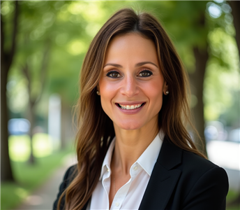 smiling long haired woman with a black blazer in an outdoor setting